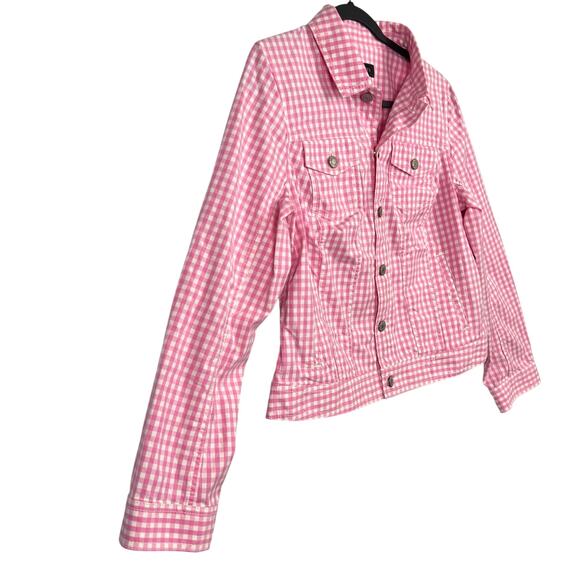 Talbots Medium Womens Gingham Pink White Stretch Cotton Button Front Jean Jacket - Picture 5 of 12